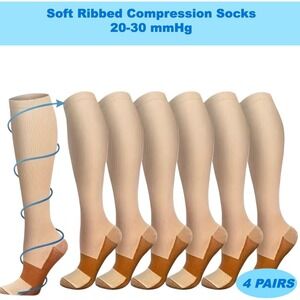 Unisex 20-30 mmHg Compression Socks L/XL Knee High Medical Beige Rib 4 Pack NEW